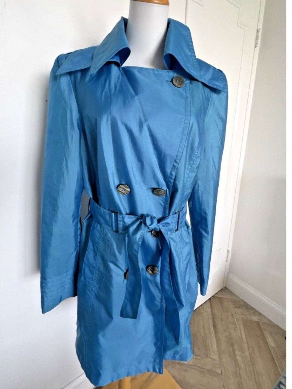 Italian Women L Trench Coat Belted Turquoise Taffeta Gullì by Gino Di Luca ITALY